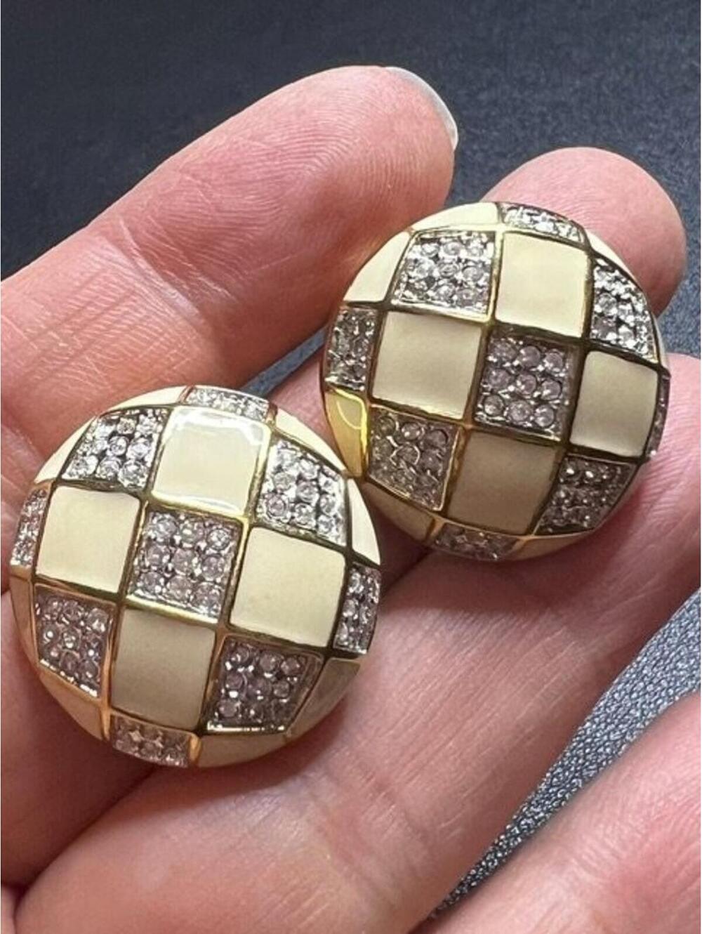 B4713 Swarovski Checkerboard Clip-On Earrings Pave Rhinestone Enamel Gold Tone